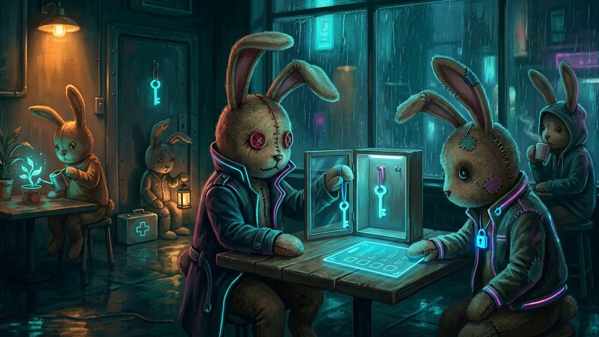 In a rainy neon cafe, a stitched plush bunny hangs a glowing key in a glass case while a bunny wearing a padlock pendant slides a blank checklist across the table.