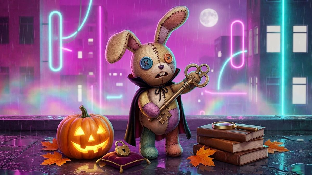 A stitched patchwork voodoo bunny doll in a black cape holds up a big brass key beside a jack-o-lantern, a padlock on a cushion and old books on a neon cyberpunk rooftop at night