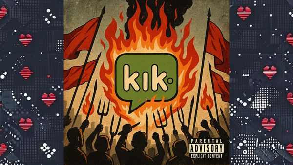 Stylized warning graphic about outdated messaging app usage in modern dating