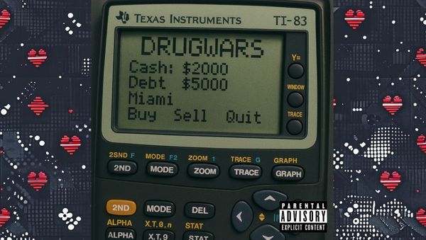 Retro 1990s style graphic featuring TI-83 calculator screen aesthetic with DrugWars game branding