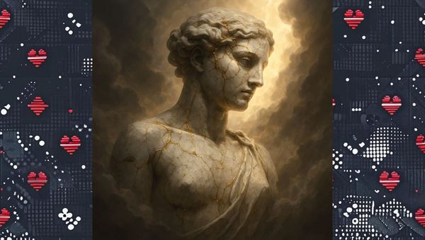 Person half in shadow half in flame with calm alive face symbolizing the spiky self