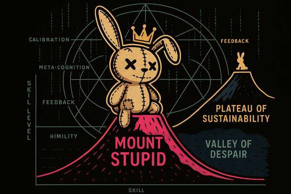 Mountain peak labeled with high confidence at low skill, valley of doubt, gradual climb to calibrated expertise shown in neon graph on black