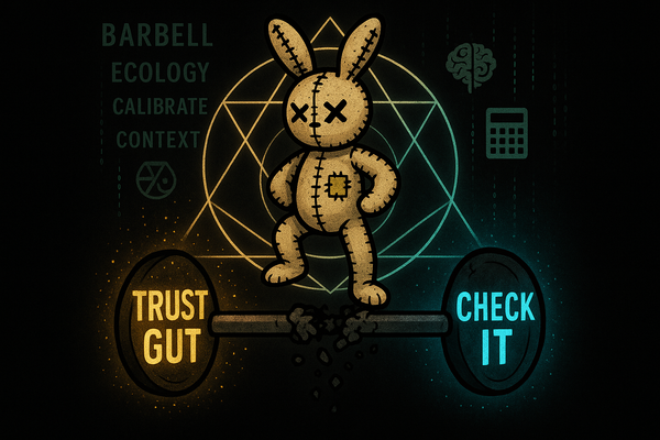 Barbell with familiar intuitive territory on one end, novel analytical territory on other, avoiding dangerous middle ground on black