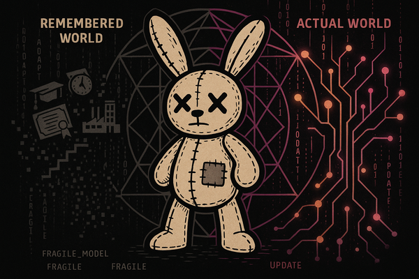 Voodoo bunny at center with remembered world dissolving behind and vibrant networked actual world emerging
