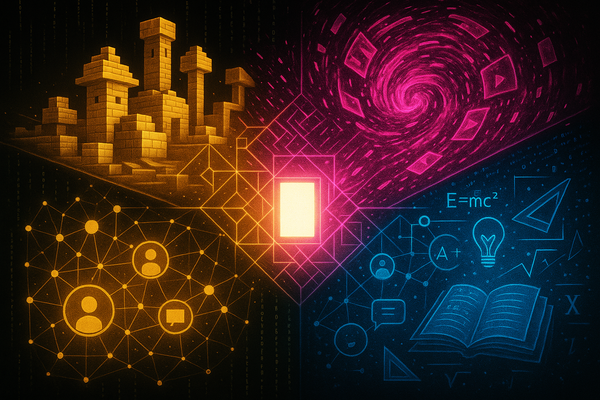 Single glowing screen exploding outward into wildly different environments - creative, chaotic, social, educational