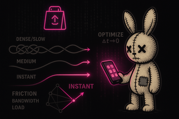 Voodoo bunny with smartphone showing friction-reduction waves flowing from dense to instant delivery