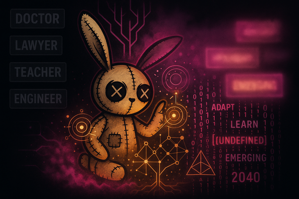 Voodoo bunny surrounded by faded old job titles and glowing blurry new job boxes that don't have names yet