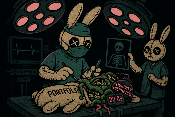 Voodoo bunny at ATM, financial warning signs flashing as it withdraws money - illustrating risk awareness in personal finance