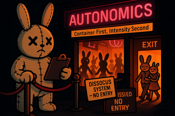 Voodoo bunny bouncer at club entrance with Autonomics sign, checking nervous system readiness before entry