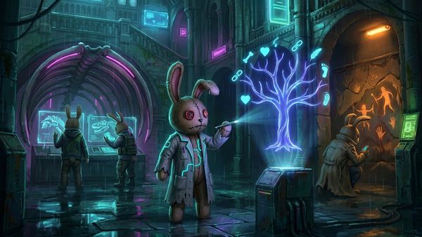 Neon cyberpunk scene of stitched plush bunnies illustrating the evolutionary psychology of kink; no text.