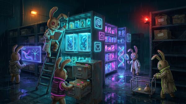 Stitched voodoo bunnies take a midnight inventory in a neon research archive: glowing jars on full shelves, flickering jars in the middle, empty dusty shelves under a red alarm light.