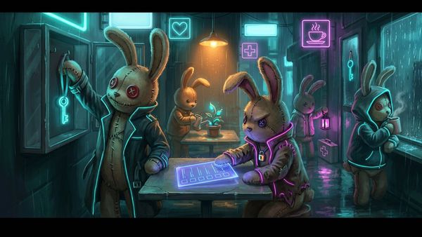 In a rainy neon lounge, stitched plush bunnies negotiate over a blank holographic checklist while one hangs a glowing key in a cabinet; pictogram signs only, no text.