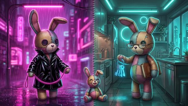 Two stitched patchwork bunny dolls in a split neon scene, one holding a glowing pink leash, the other holding glowing keys and a ledger, with a small bunny between them