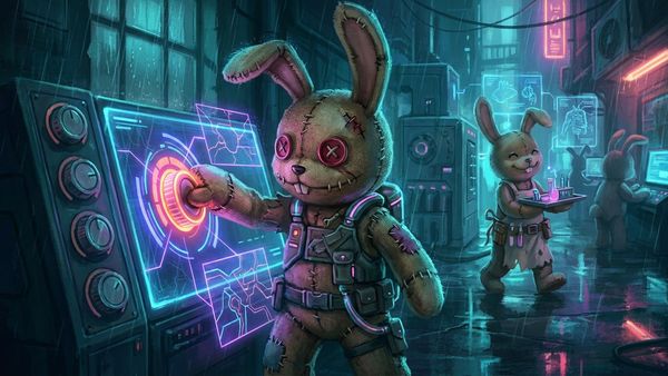 A stitched plush voodoo bunny turns up one of four stacked dials on a glowing neon control panel while a second bunny in an apron carries a tray behind it.