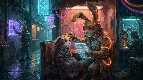 A stitched plush voodoo bunny in a rainy neon alley booth places a gold star on a smaller bunny wrapped in a blanket, holding a glowing tablet of house rules.