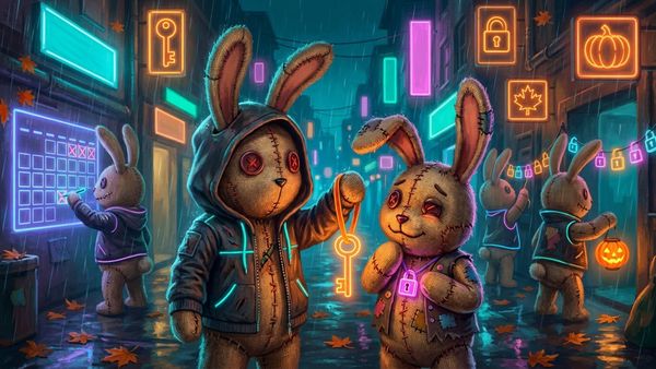 In a rainy neon alley, a stitched plush bunny holds up a glowing orange key for a second bunny wearing a padlock pendant, while others cross off days on a glowing calendar.