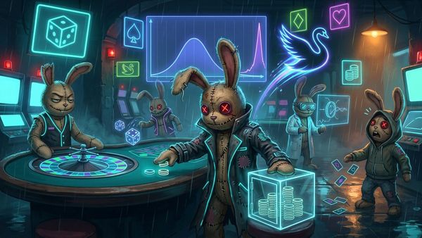 Stitched voodoo bunnies in a rainy neon casino: one slides a few chips onto a roulette table while guarding a glass safe of chips, as a black swan bursts from a bell curve's spiking tail.