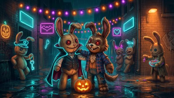 In a rainy neon alley, a stitched bunny vampire and a bunny in a werewolf costume pose arm in arm by a glowing pumpkin while costumed bunnies party around them.