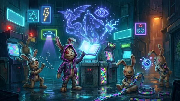 Stitched voodoo bunnies in a rainy neon arcade temple: one lifts a glowing comic as myth silhouettes rise from it while others wear a tin-foil hat, unspool film and adore a chatbot orb.