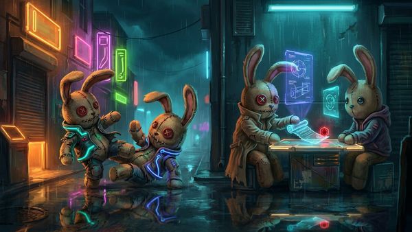 Two scenes in one neon alley: on one side stitched plush bunnies wrestle wildly, on the other two bunnies sit at a table shaking on a signed agreement.