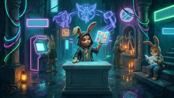 Stitched voodoo bunny in a hooded cape holds up a glowing comic book on a stone altar while holographic silhouettes of a winged god, a caped hero and a thunder hammer swirl overhead.