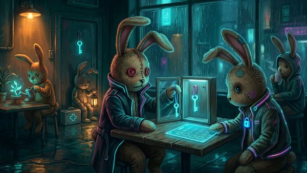 In a rainy neon cafe, a stitched plush bunny hangs a glowing key in a glass case while a bunny wearing a padlock pendant slides a blank checklist across the table.