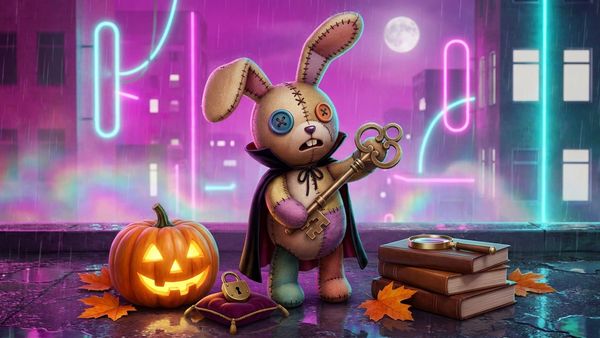 A stitched patchwork voodoo bunny doll in a black cape holds up a big brass key beside a jack-o-lantern, a padlock on a cushion and old books on a neon cyberpunk rooftop at night