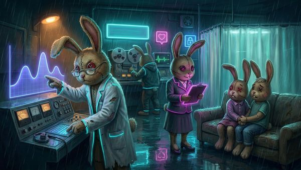 In a neon-lit lab, a stitched bunny in a lab coat points at a glowing four-hump wave graph while his partner interviews a nervous bunny couple on a couch.