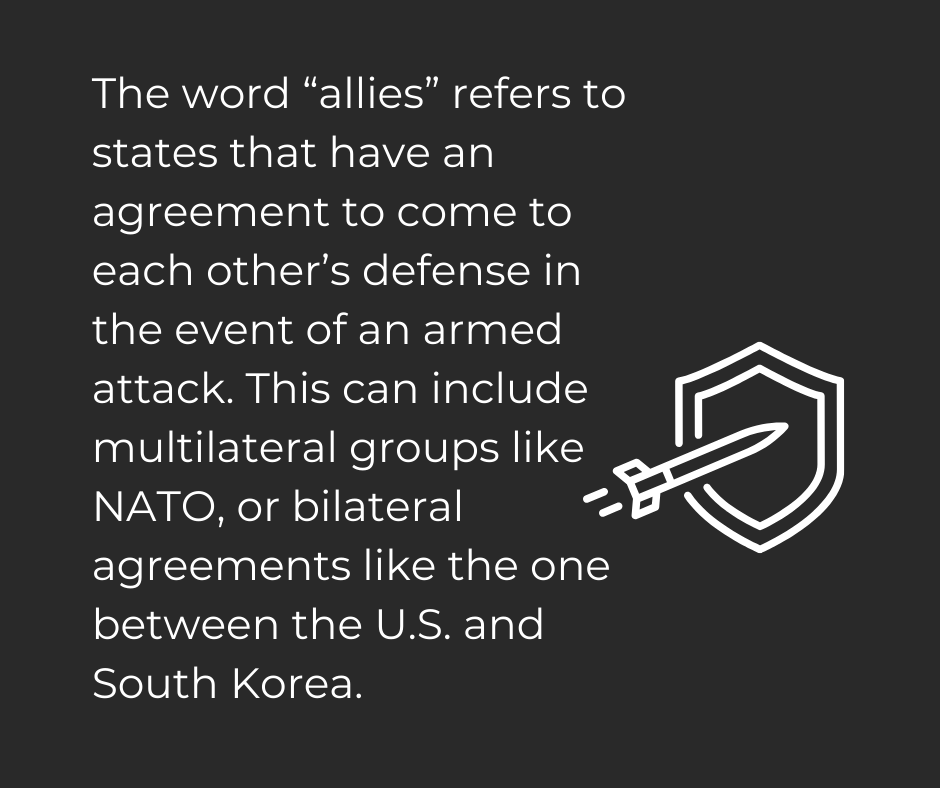 Outline of a defense shield and a missile next to the text, "The word 'allies' refers to states that have an agreement to come to each other's defense in the event of an armed attack. This can include multilateral groups like NATO, or bilateral agreements like the one between the U.S. and South Korea.