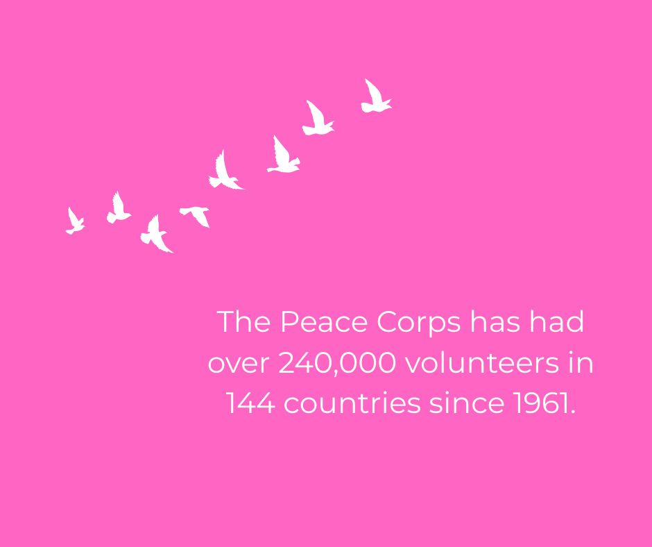 Image of a flock of birds next to the text, "The Peace Corps has had over 240,000 volunteers in 144 countries since 1961."