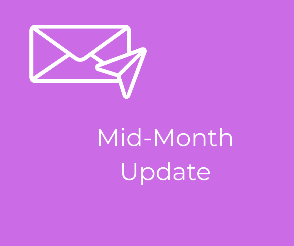 Graphic of an envelope and a paper airplane on a lavender background, above the words "mid-month update."