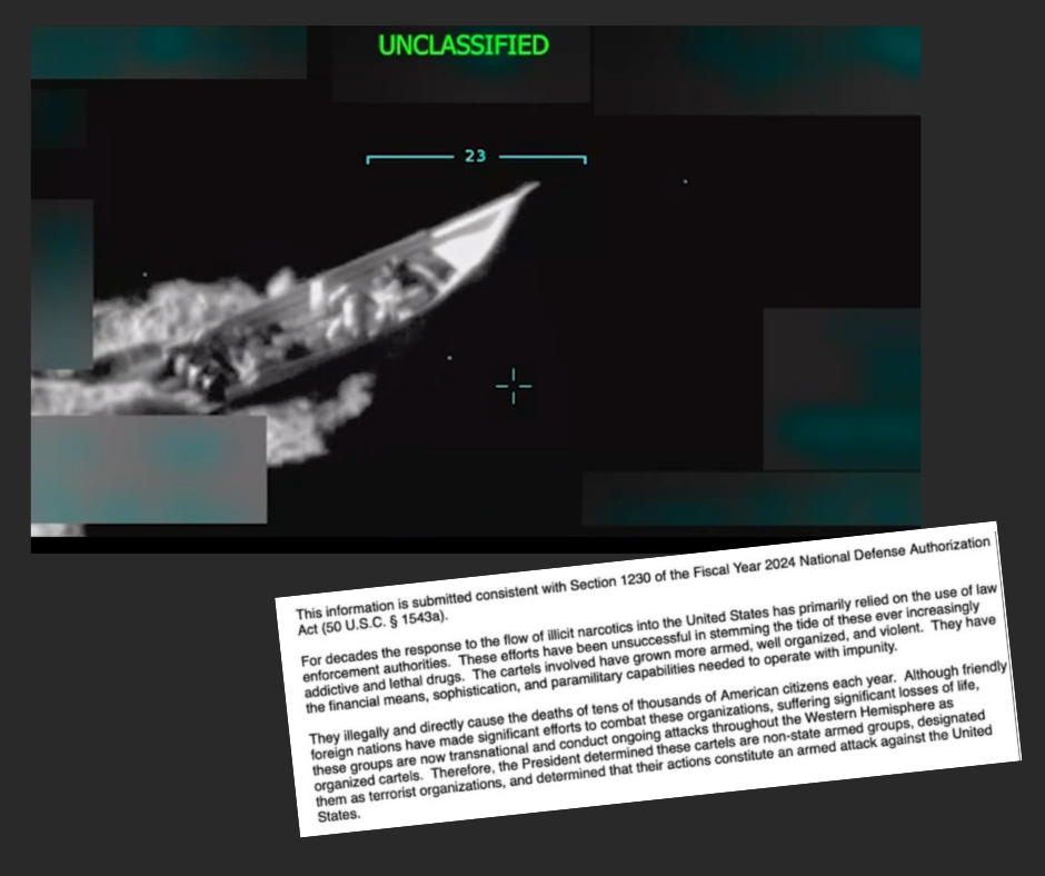 Image of a boat in the Caribbean Sea shortly before it was struck by the U.S. military, alongside part of a notice to Congress.