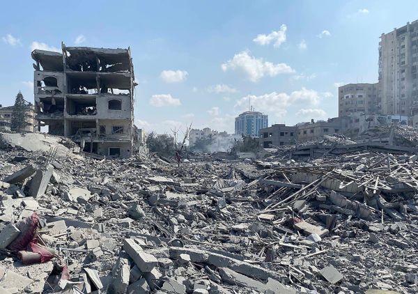 Image of rubble and bombed buildings following an air strike in Gaza City.