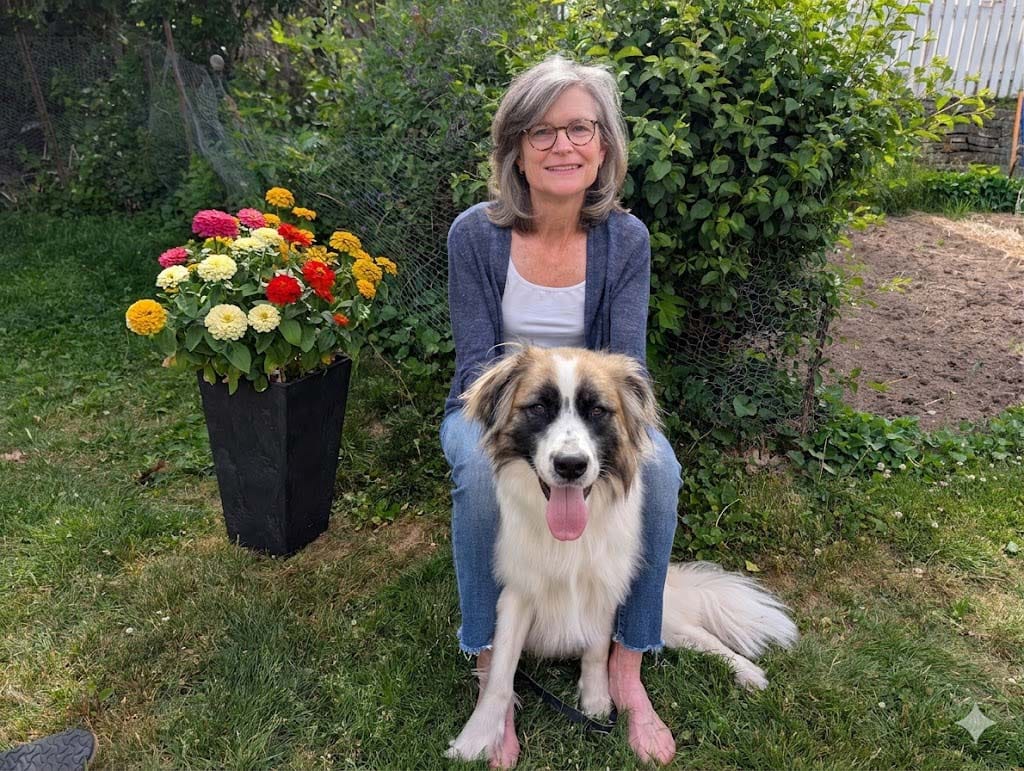 Colleen Ball, wearing jeans and a blue cardigan sits behind a large, fluffy, brown and white dog