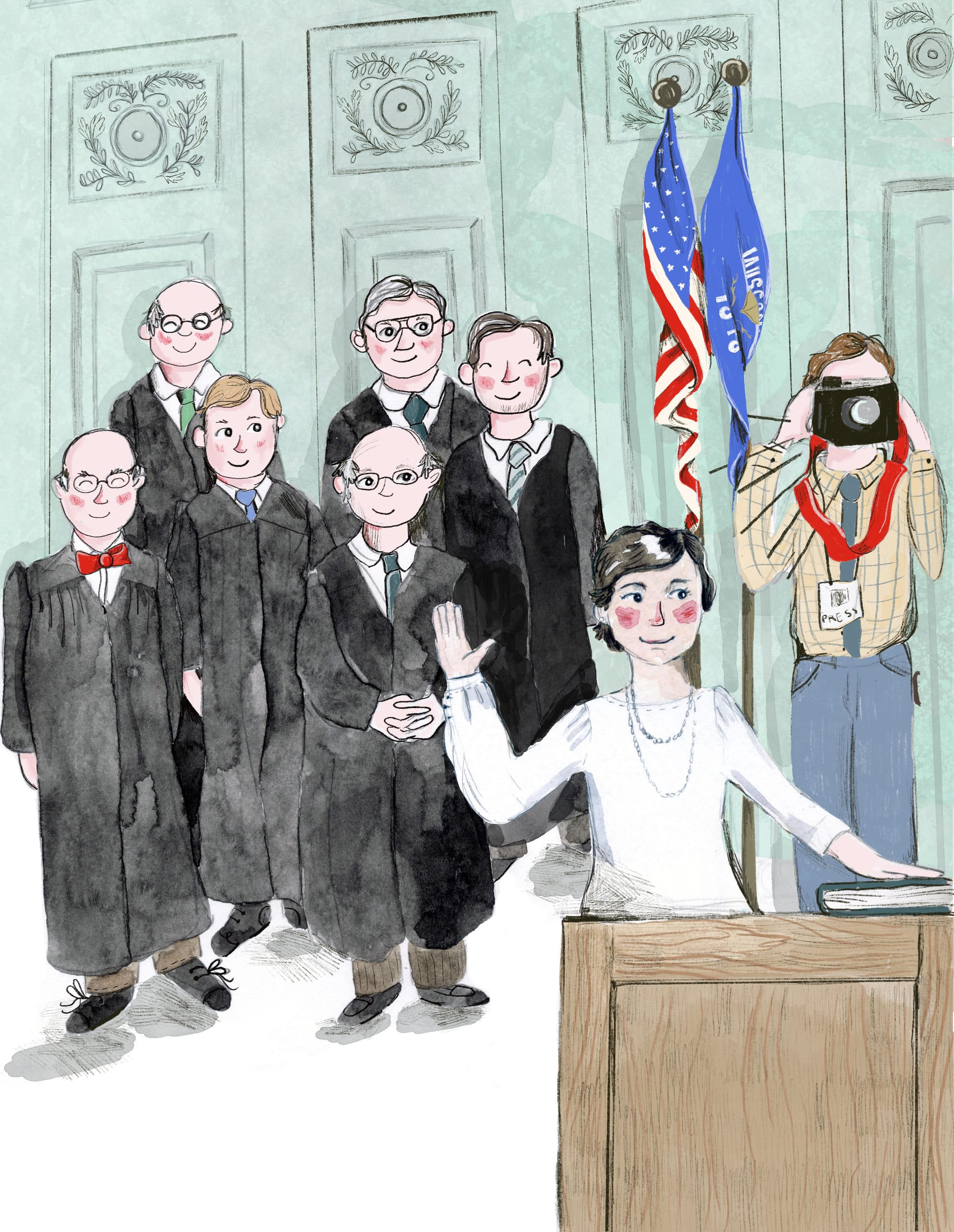 Illustration from the book showing Abrahamson, wearing a white, long-sleeved dress, raising her right hand to swear the oath as six men in black robes and a photographer look on