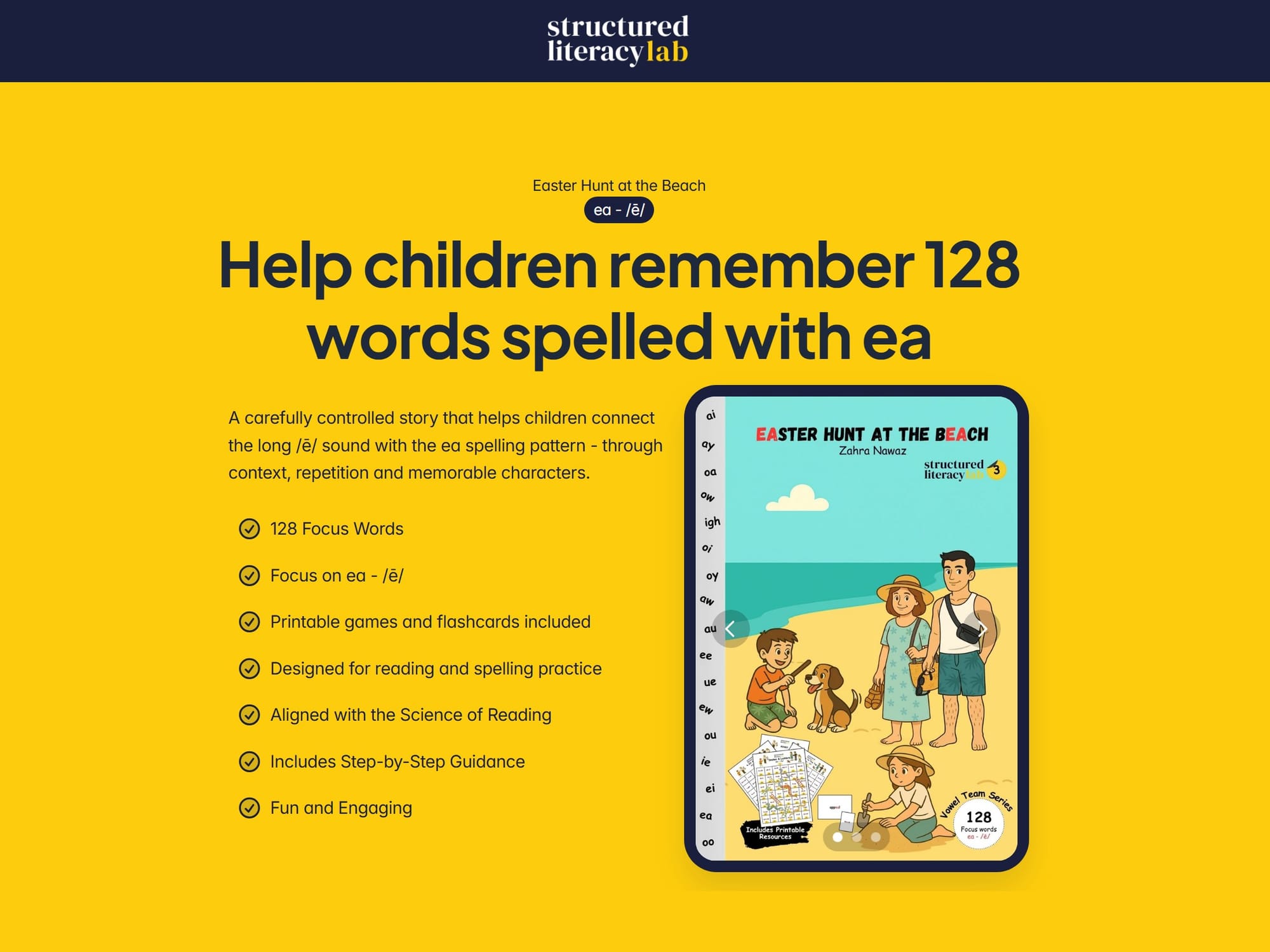 Hero section for Easter Hunt at the Beach with the main benefit, book shown on an iPad and download button