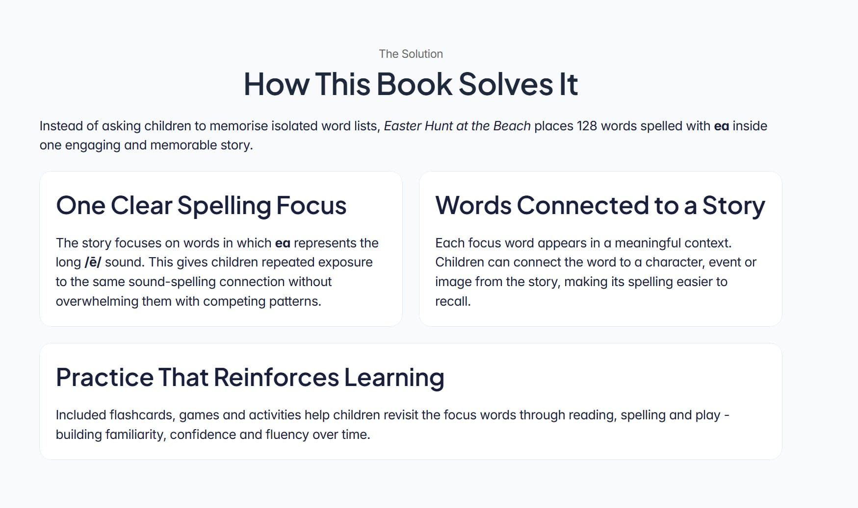 How This Book Solves It section explaining the spelling focus, story context and practice activities