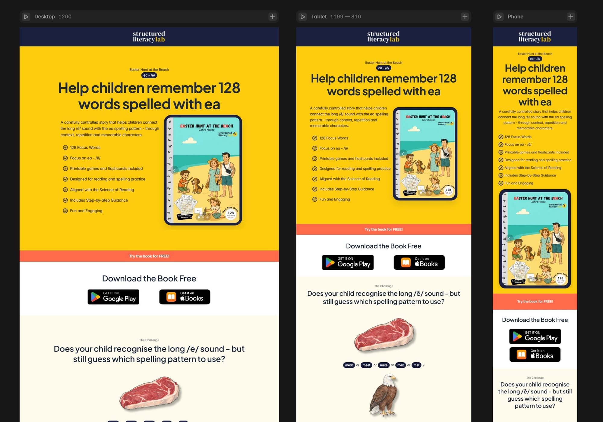 Desktop, tablet and mobile layouts of the Structured Literacy Lab landing page in Framer