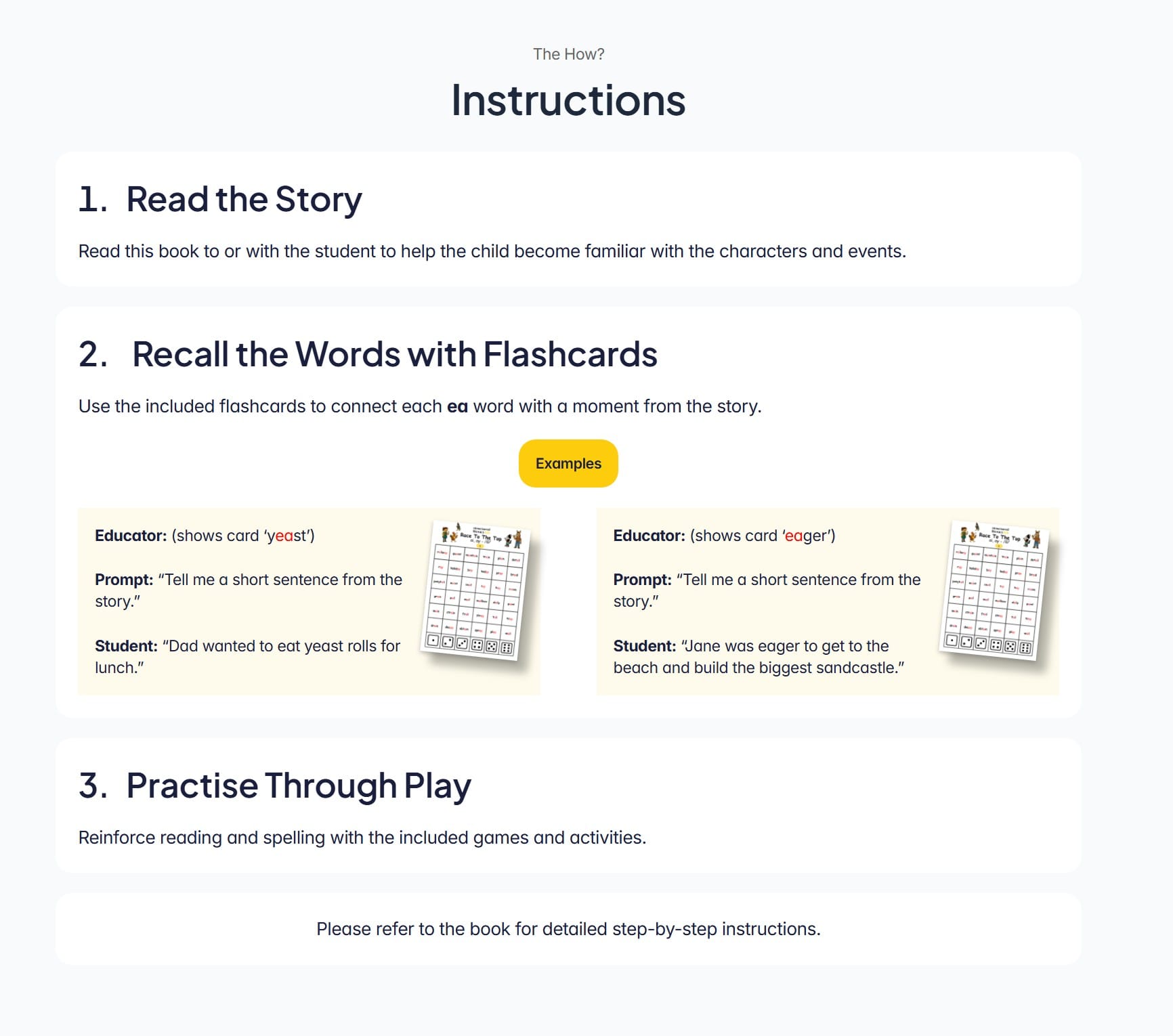 Instructions section showing how to read the story, recall words with flashcards and practise through play