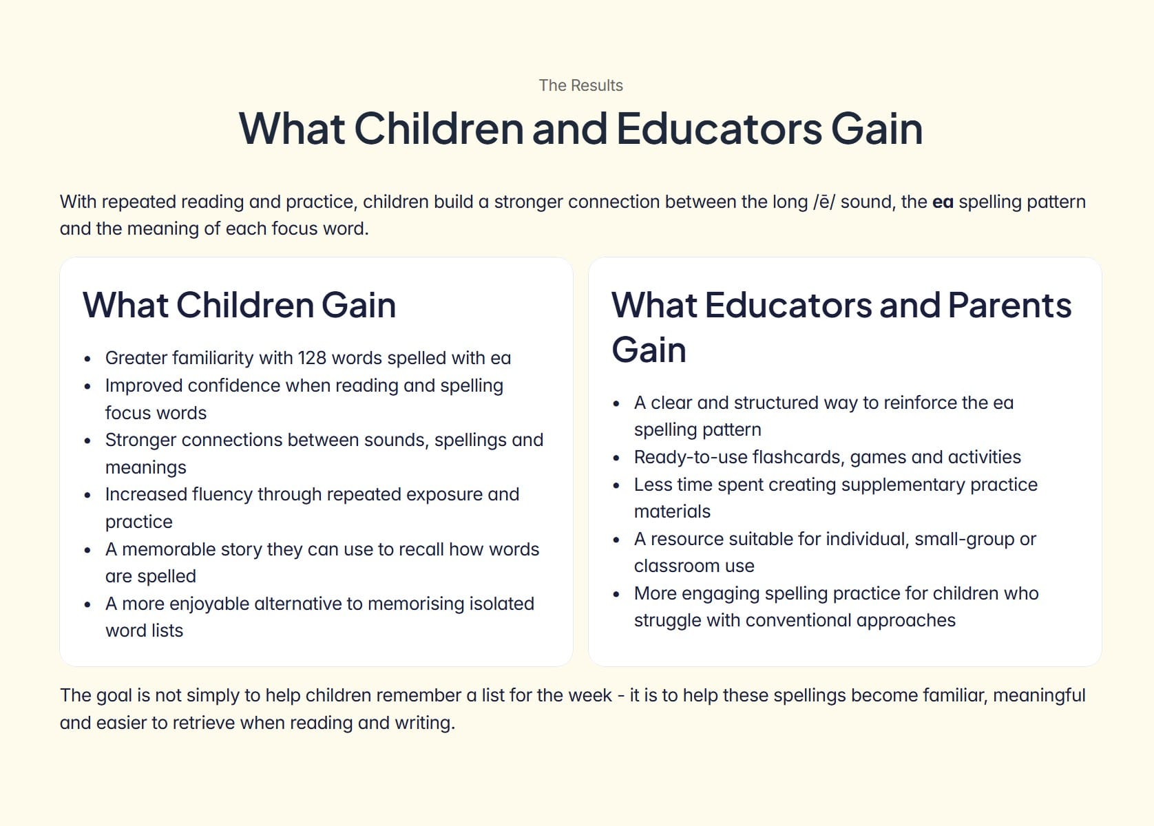 Results section outlining the intended benefits for children, parents and educators