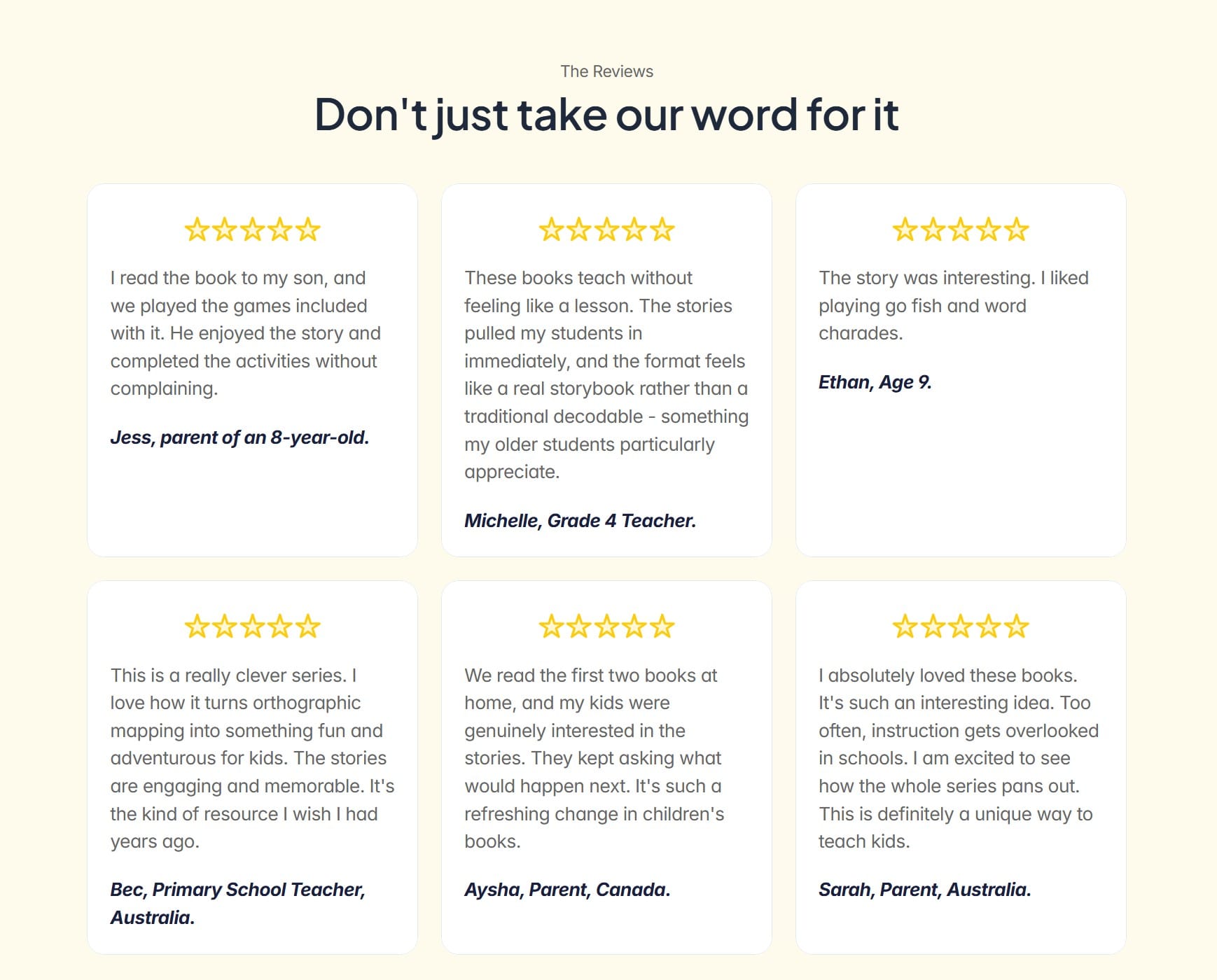 Reviews section featuring feedback from parents, educators and children