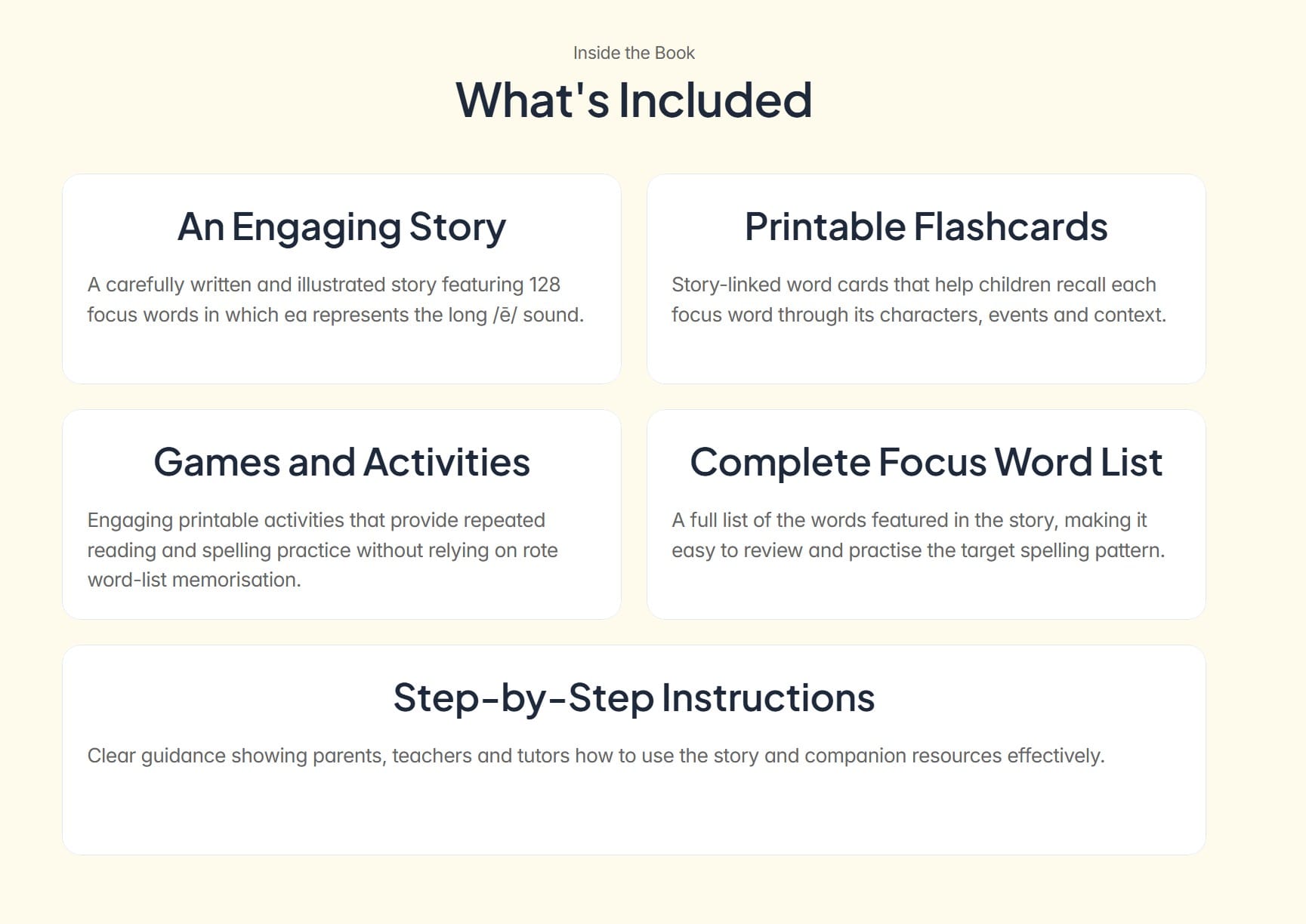 What’s Included section showing the illustrated story, flashcards, activities, word list and instructions