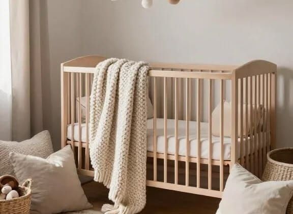 Chambre de bébé minimaliste avec lit en bois, mobile suspendu et décoration neutre, ambiance douce et apaisante pour le sommeil du nourrisson