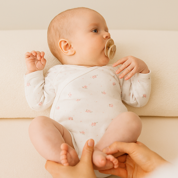Bébé en body clair avec motifs, allongé et apaisé, tenant une tétine en bouche pendant qu’un adulte soutient doucement ses jambes, illustrant l’ostéopathie pédiatrique.