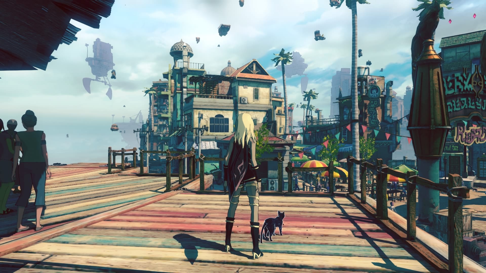 Protagonist Kat looks out over a dense, complicated cityscape.