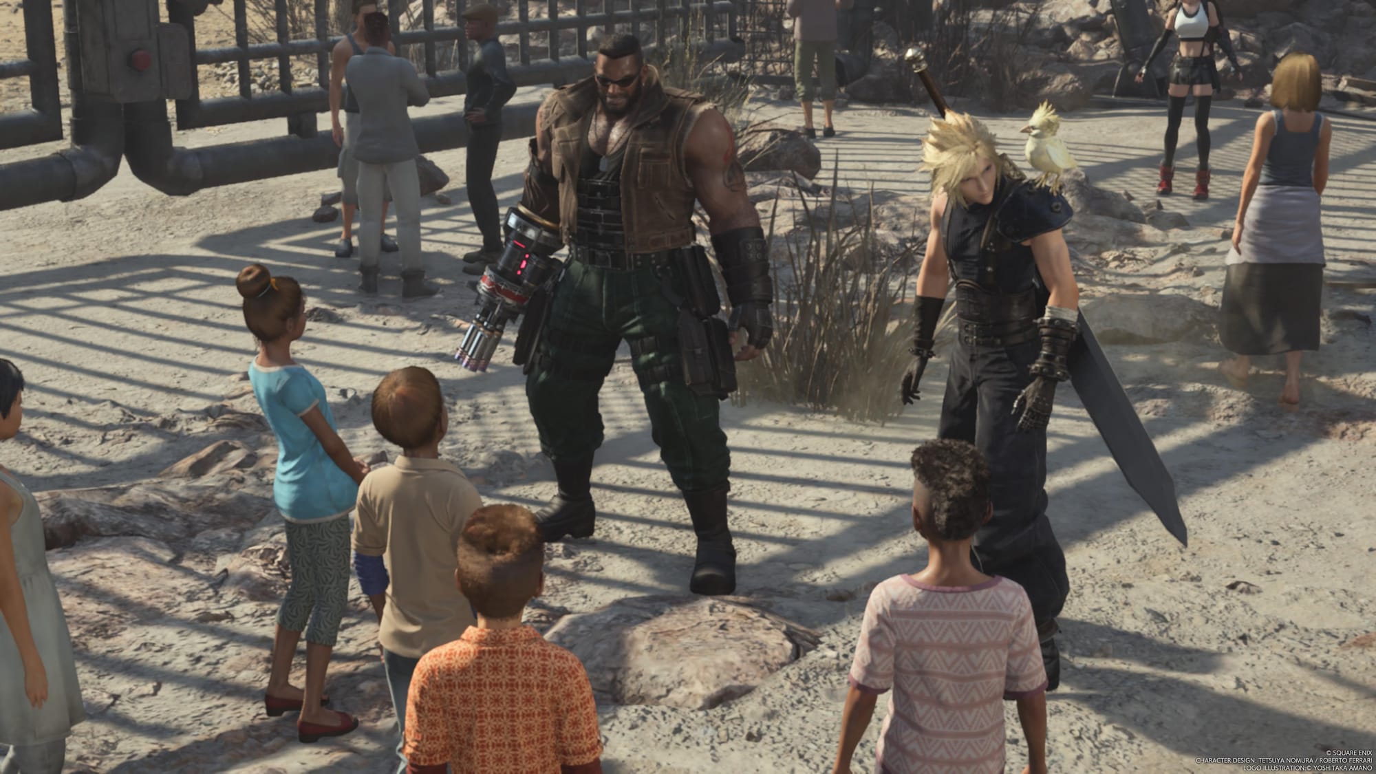 Barrett and Cloud stand before a crowd of children, Cloud has a small bird perched on his shoulder. 