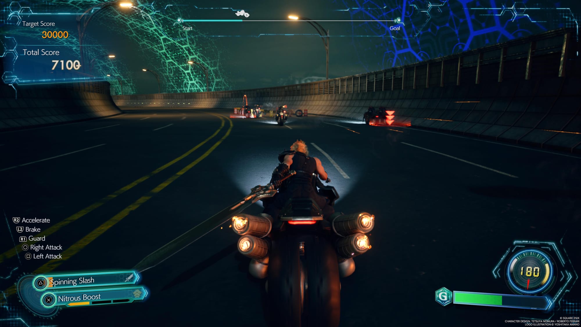 In the centre of the screen Cloud rides a motorbike while holding a large sword. He is in a race with other competitors, riding along a freeway at night.