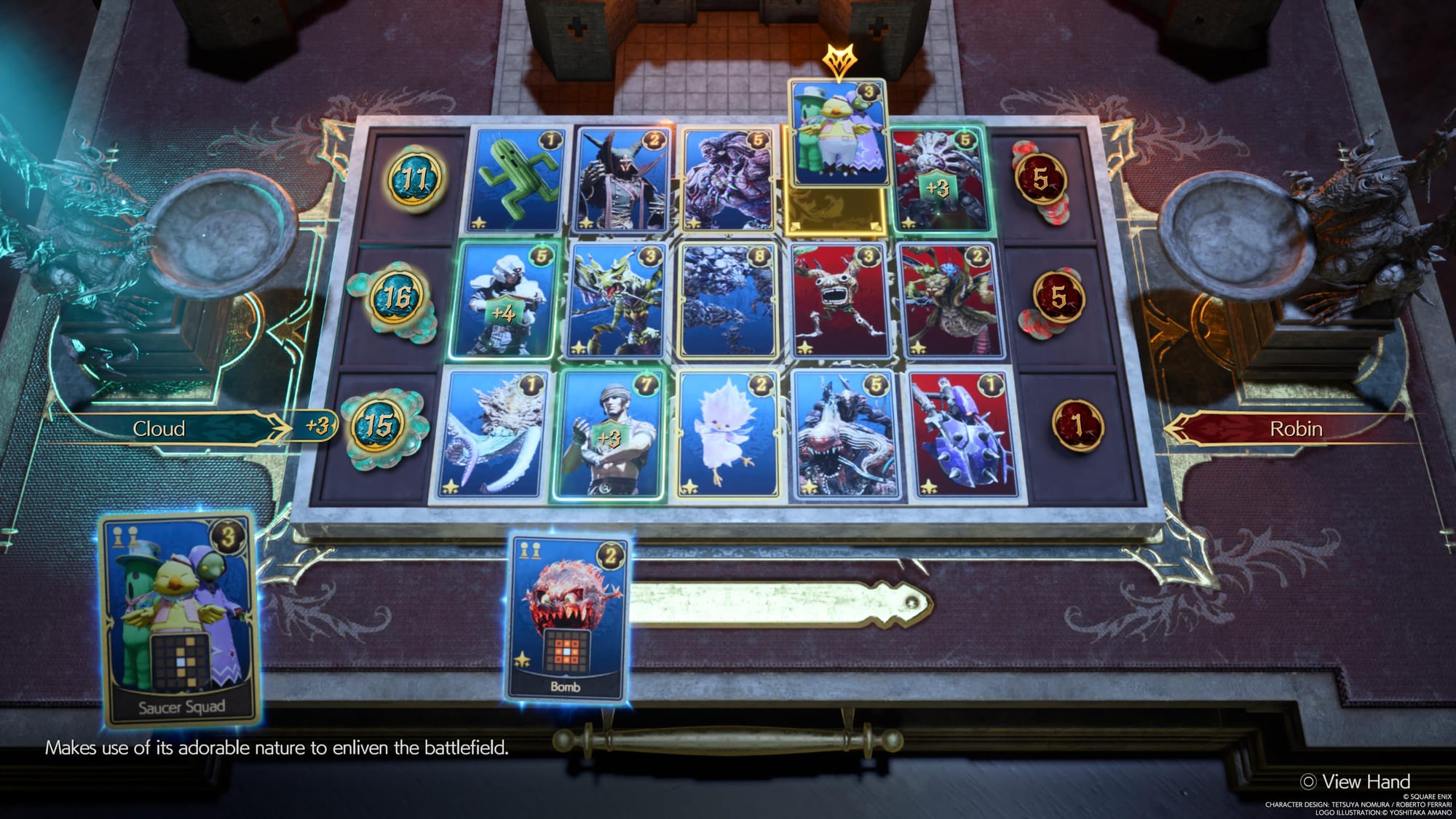 A playing card deck with colourful cards, with Cloud on the blue team and Robin on the red team.