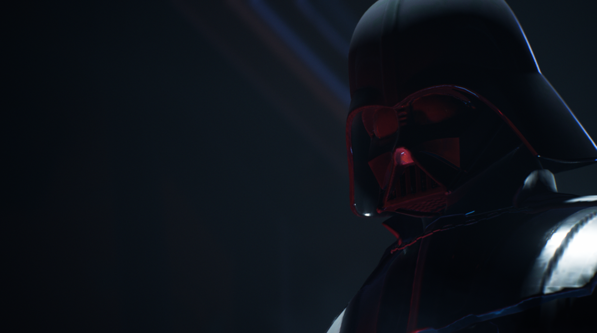 Darth Vader, shown in near darkness and illuminated by red and blue lighting.