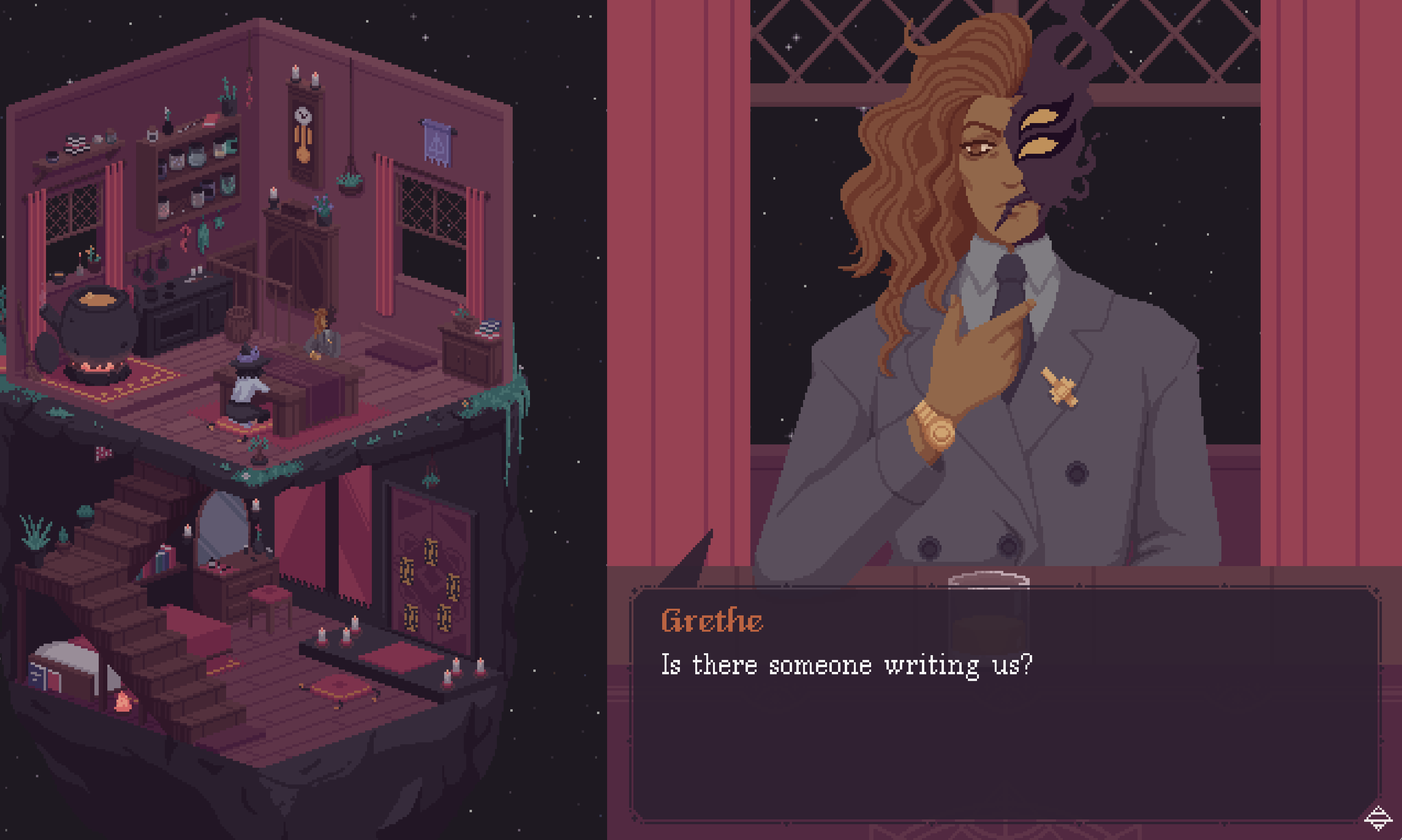 A person with a half human, half alien face sits for a reading and asks "Is there someone writing us?"